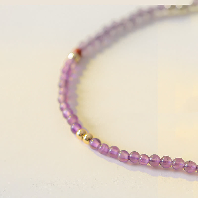 KarmaRipple's 2mm Ultra-Thin Beadwork Authentic Amethyst 14k Gold Plated Bronze Inner Peace Meditation Bracelet p14