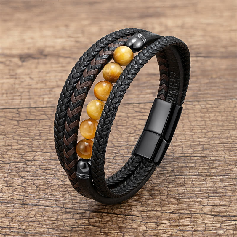 KarmaRipple's Tiger Eye Lava Rock Black Onyx Lazurite Hematite Bead Positive Leather Bracelet p3