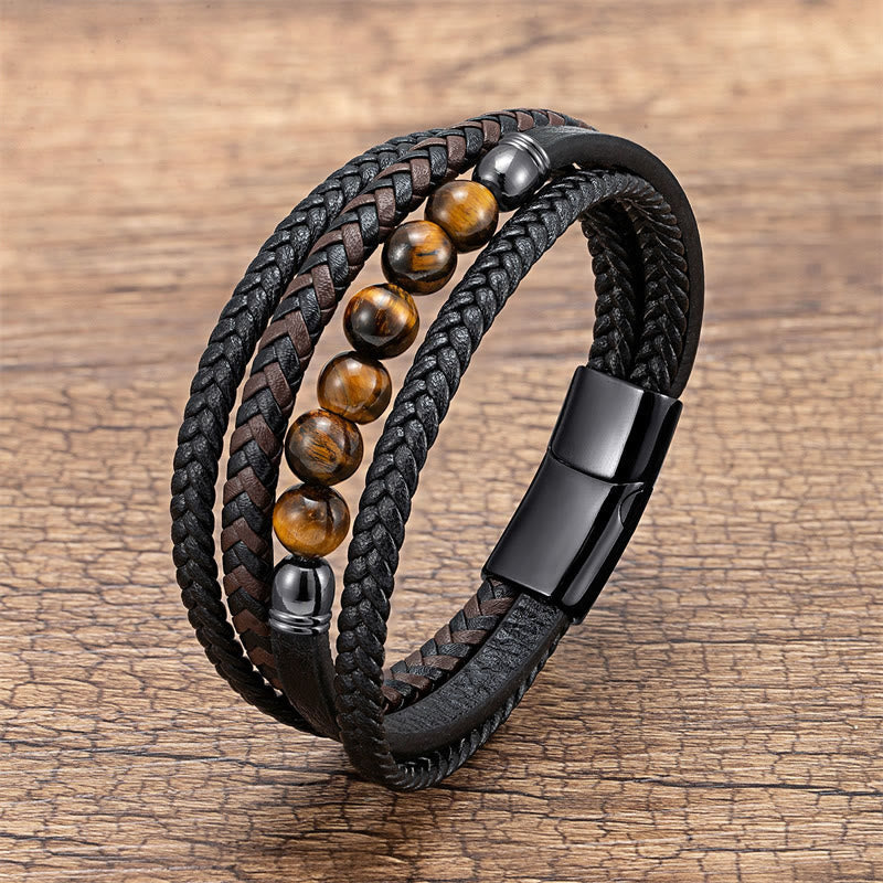 KarmaRipple's Tiger Eye Lava Rock Black Onyx Lazurite Hematite Bead Positive Leather Bracelet p46