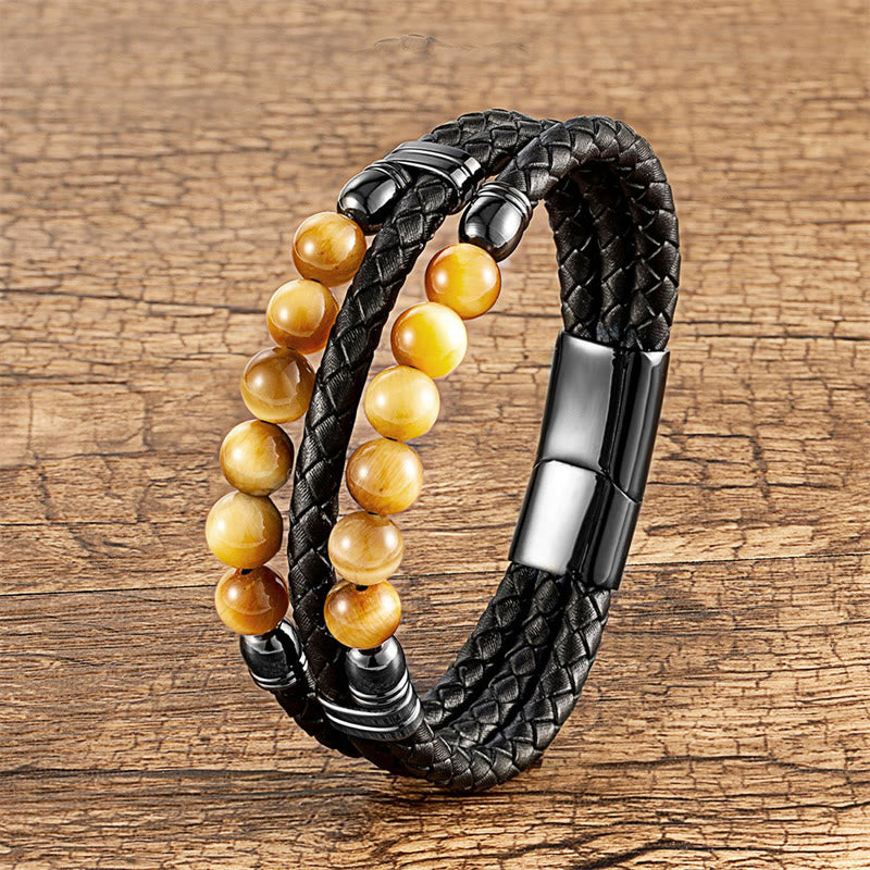 KarmaRipple's Tiger Eye Hematite Lava Rock Black Onyx Lazurite Beadwork Protection Strength Leather Bracelet p24
