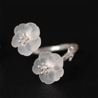 KarmaRipple's 925 Sterling Silver Ivory Gemstone Double Plum Blossom Flower Adjustable Protection Ring
