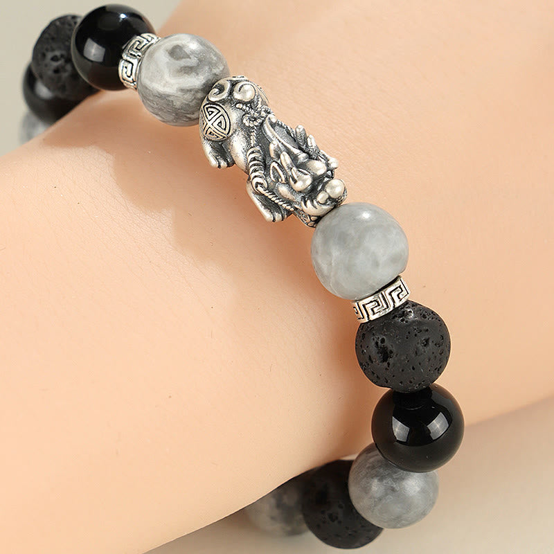 KarmaRipple's 999 Sterling Silver PiXiu Black Onyx Grey Jasper Lava Rock Protection Bracelet p5