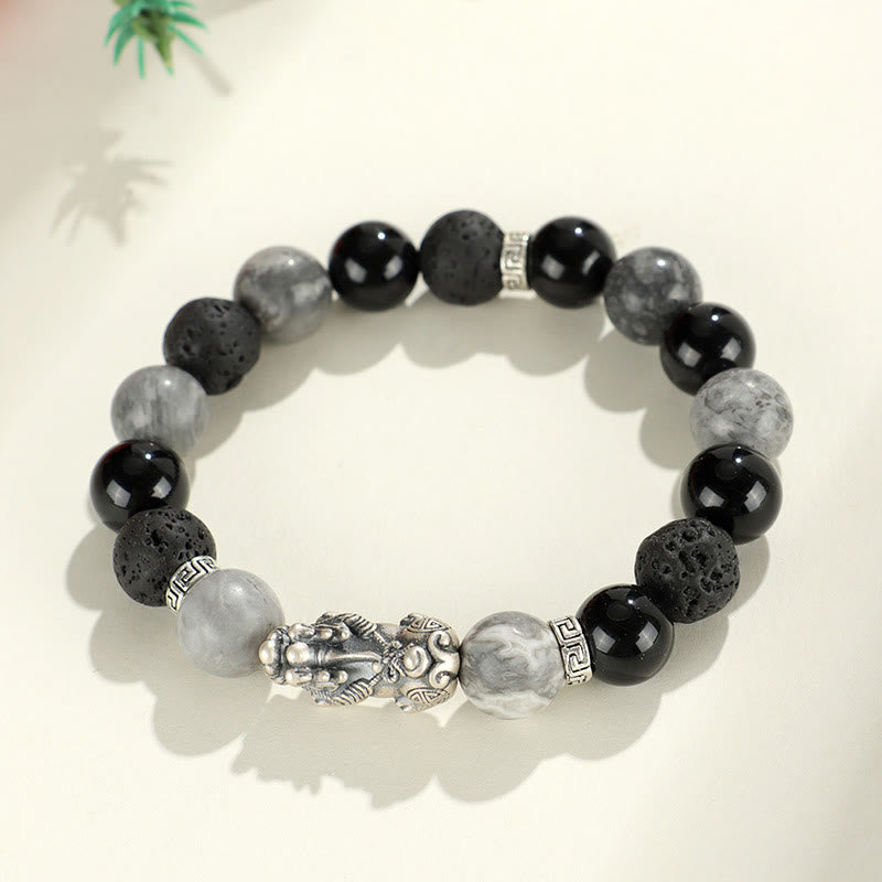 KarmaRipple's 999 Sterling Silver PiXiu Black Onyx Grey Jasper Lava Rock Protection Bracelet p12