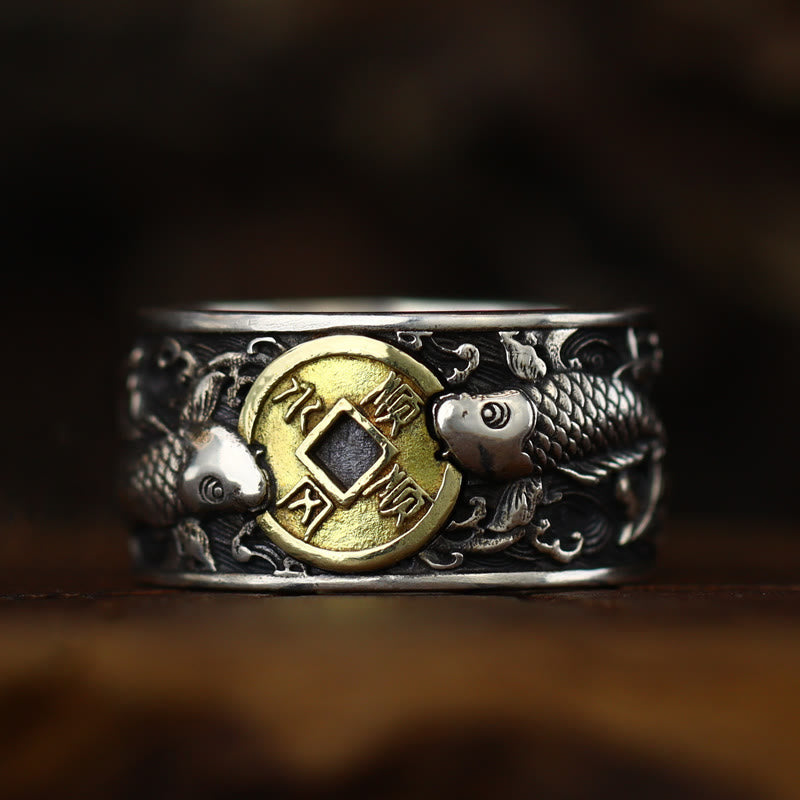 KarmaRipple's Adjustable Opening 925 Sterling Silver Fortunate Koi Fish Bronze Coin Auspicious Clouds Wealth Ring p14