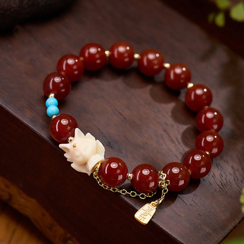 KarmaRipple's Nine Tailed Fox Joy Red Agate Ivory Fruit Bronze Plated Gold Confidence Bracelet p1