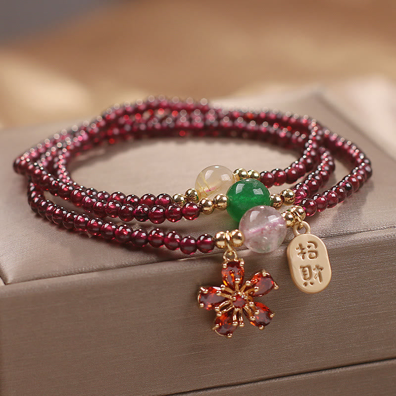KarmaRipple's Authentic 3mm Ultra-thin Garnet Beadwork Cherry Blossom Flower Attract Fortune Protection Multilayer Bracelet p6
