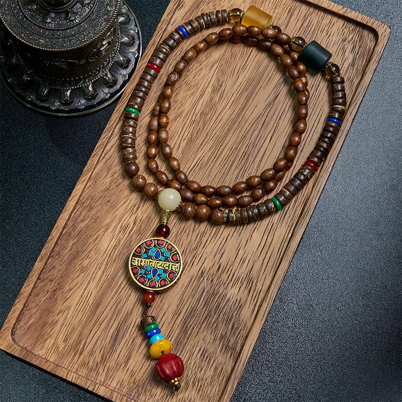 KarmaRipple's Tibetan Handmade Coconut Shell Schima Wood Great Bright Mantra Bronze Bead Balance Pendant Necklace p1