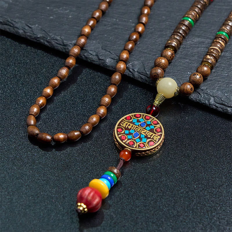 KarmaRipple's Tibetan Handmade Coconut Shell Schima Wood Great Bright Mantra Bronze Bead Balance Pendant Necklace p5