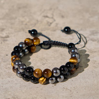 KarmaRipple's Authentic Tiger Eye Black Magnetite Black Onyx Double Row Beadwork Protection Bracelet