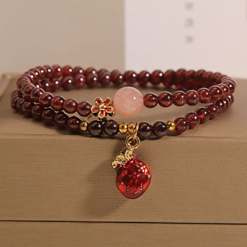 KarmaRipple's Authentic 3mm Ultra-thin Garnet Rose Quartz Beadwork Money Bag Bell Flower Protection Bracelet p1