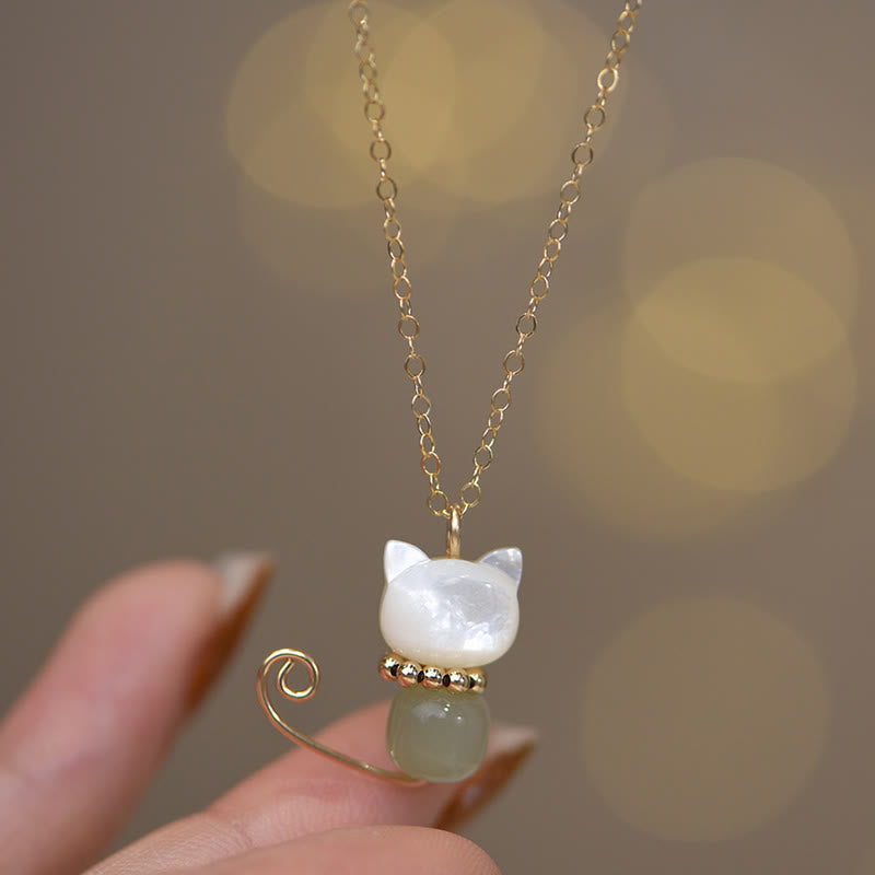KarmaRipple's 14K Gold Plated Pearl Hetian Jade Shell Fortune Cat Kitten Pendant Necklace p16