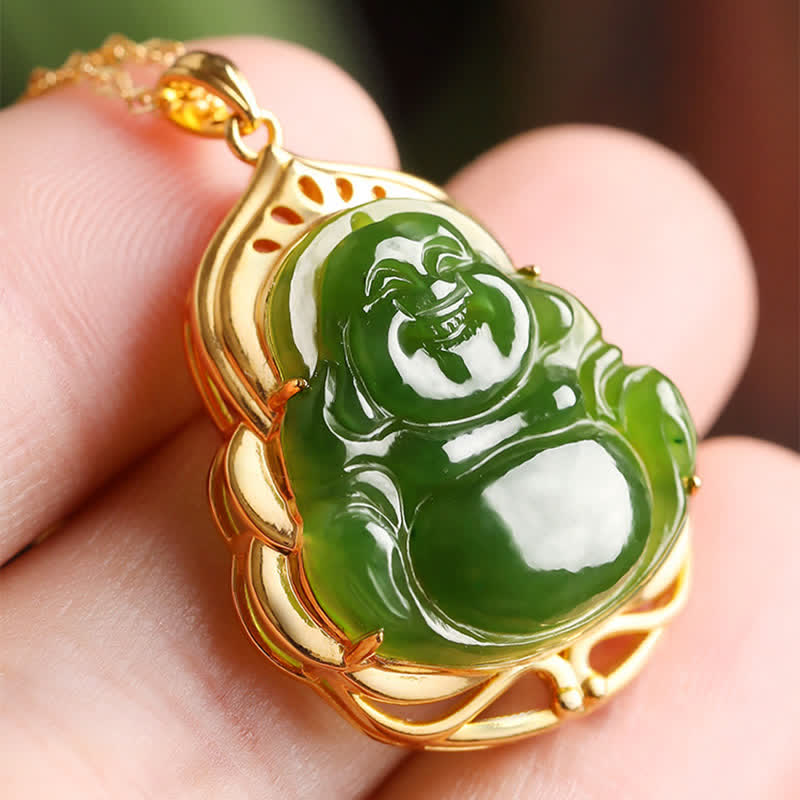 KarmaRipple's 925 Sterling Silver Authentic Hetian Cyan Jade Laughing Buddha 18K Gold Balancing Pendant Chain Necklace p3