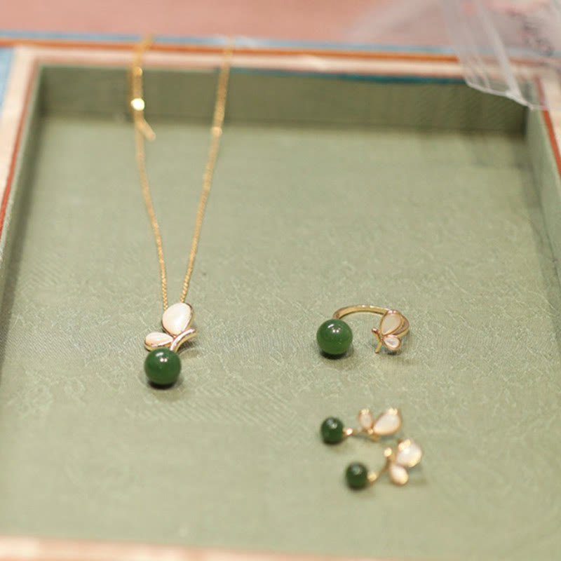 KarmaRipple's Authentic Butterfly Tridacna Stone Cyan Jade Bronze Plated Gold Calm Pendant Necklace Ring Earrings Set p10