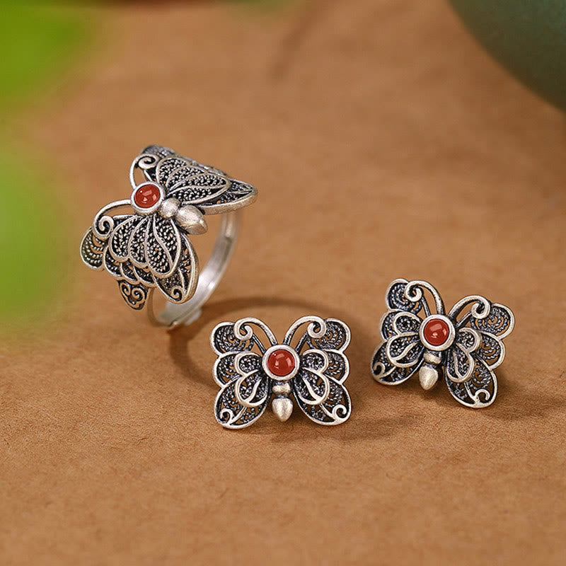 KarmaRipple's 925 Sterling Silver Red Agate Butterfly Self-acceptance Ring Earrings Set p1