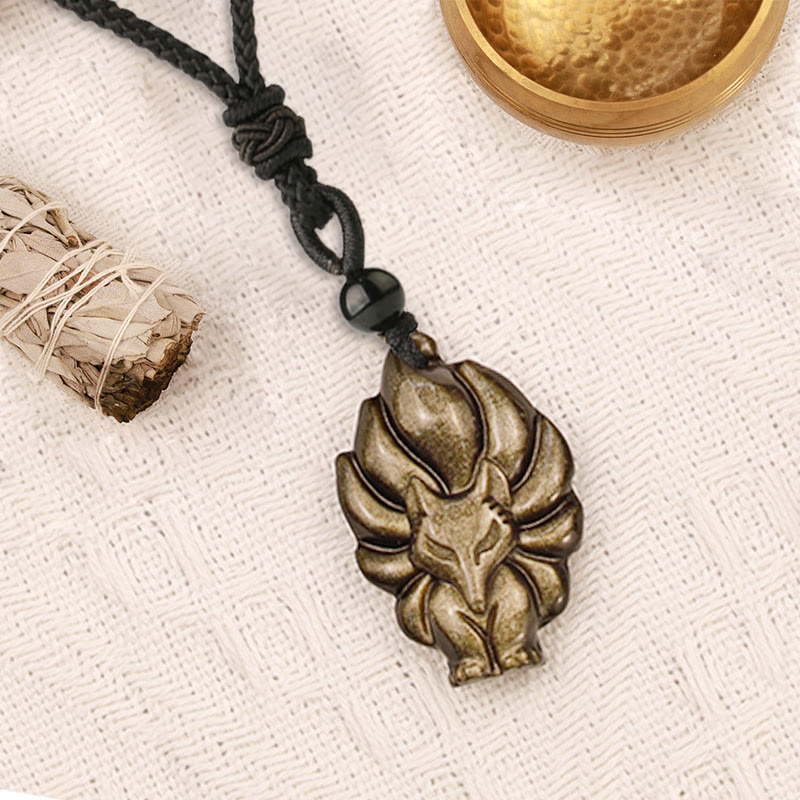 KarmaRipple's Authentic Fluorite Gold Sheen Obsidian Fox Necklace Protection Pendant p13