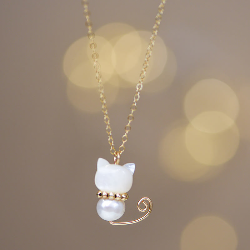 KarmaRipple's 14K Gold Plated Pearl Hetian Jade Shell Fortune Cat Kitten Pendant Necklace p15