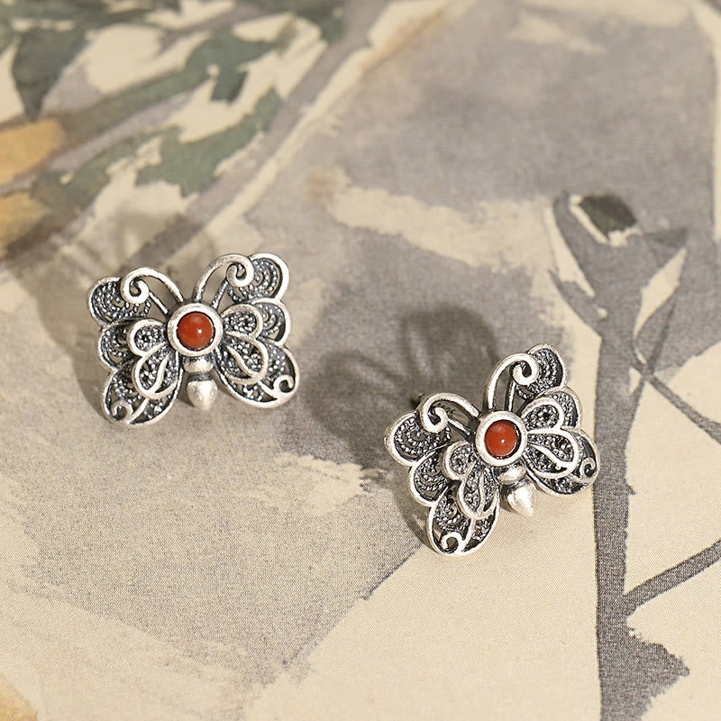 KarmaRipple's 925 Sterling Silver Red Agate Butterfly Self-acceptance Ring Earrings Set p15