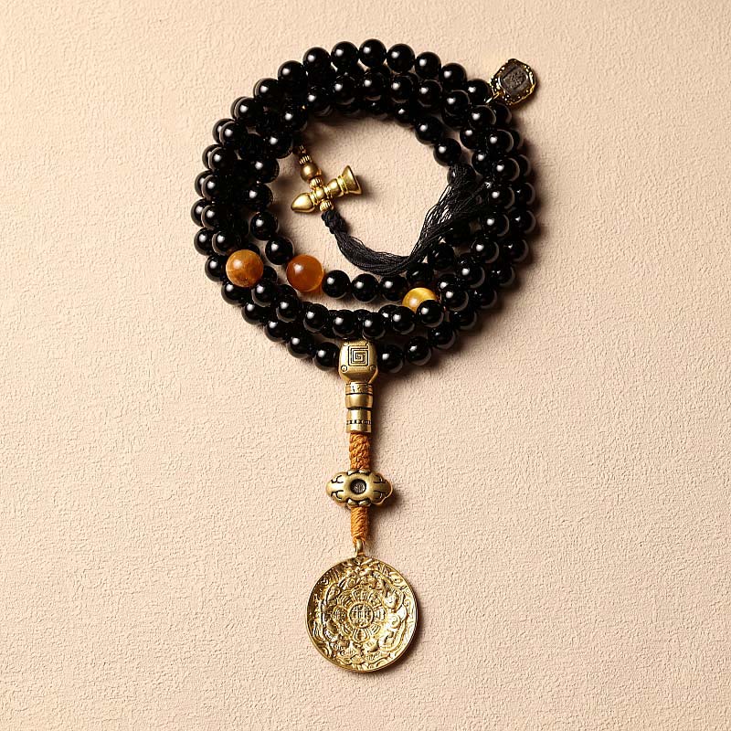 KarmaRipple's Tibetan 108 Mala Beadwork Black Onyx Tiger Eye Beadwork Nine Palaces Bagua Protection Bracelet p21