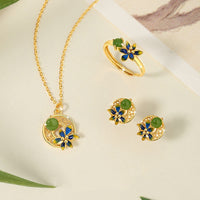 KarmaRipple's 925 Sterling Silver Authentic Hetian Cyan Jade Flower Fortune Pendant Necklace Ring Earrings Set