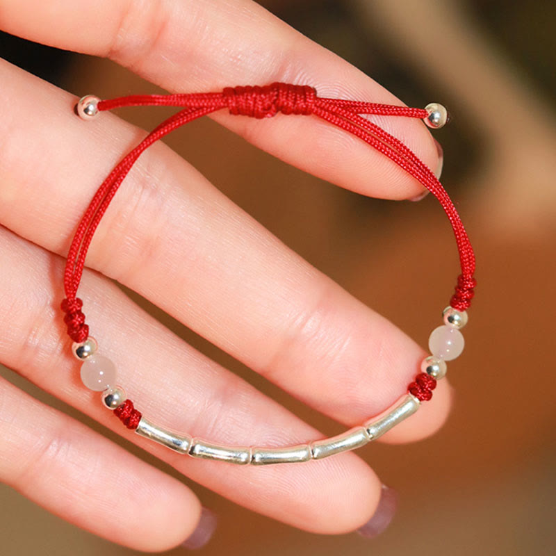KarmaRipple's 925 Sterling Silver Bamboo Ivory Agate Red Agate Bead Protection String Woven Bracelet p4
