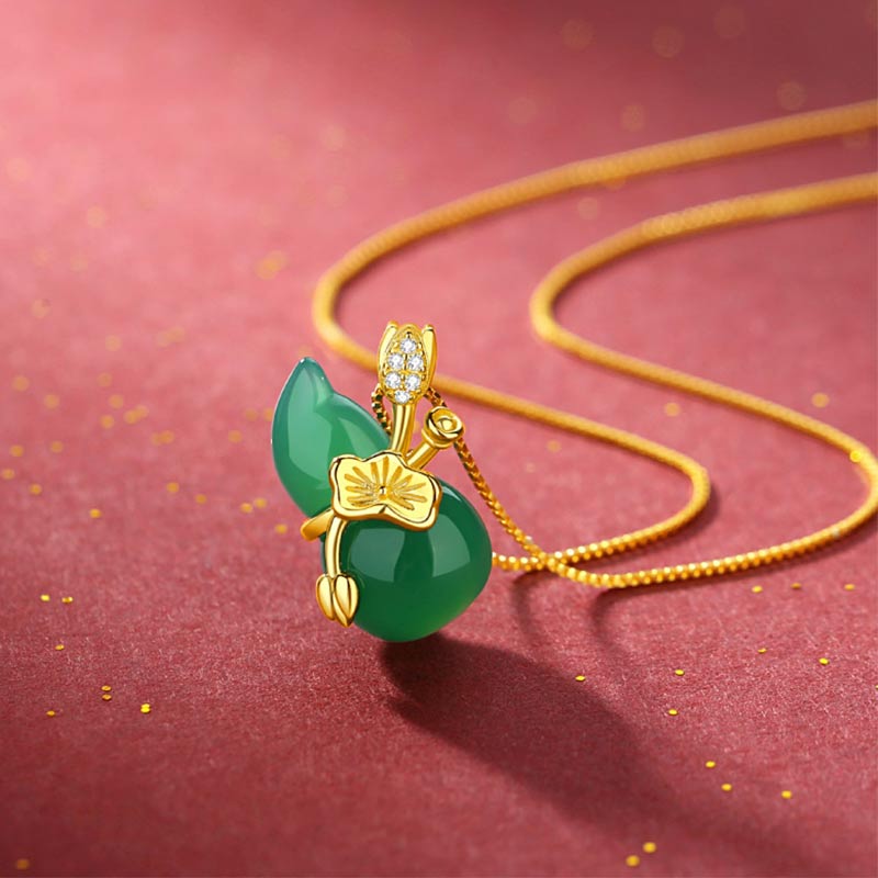 KarmaRipple's Cyan Jade Gourd Lotus Leaf Abundance Necklace Pendant p1