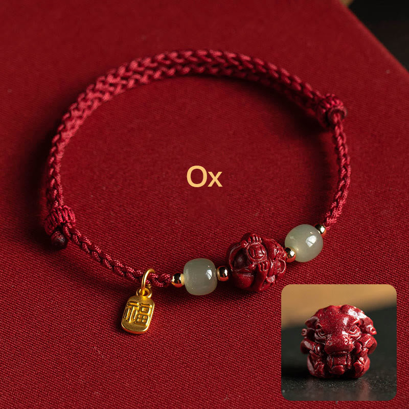 KarmaRipple's Authentic Cinnabar Chinese Zodiac Hetian Jade Fu Character Fortune Rope Bracelet p2