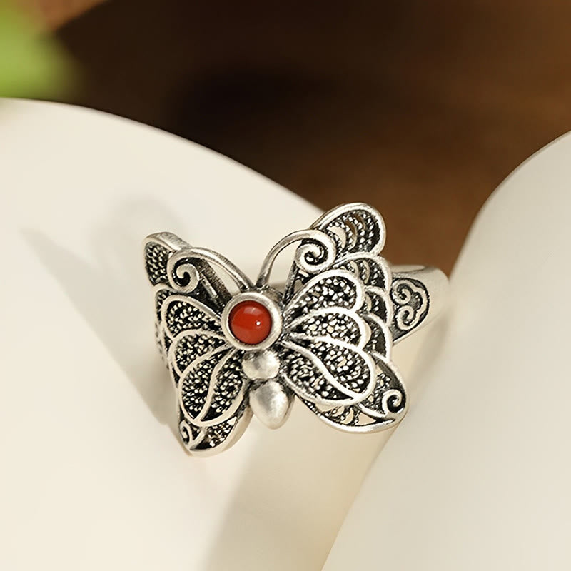 KarmaRipple's 925 Sterling Silver Red Agate Butterfly Self-acceptance Ring Earrings Set p9
