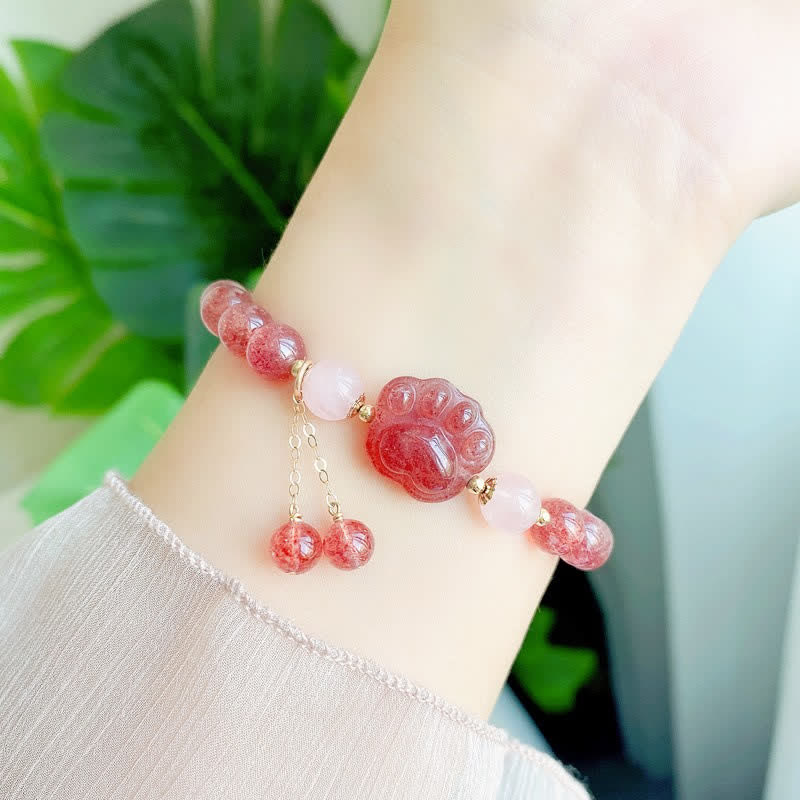 KarmaRipple's Authentic Strawberry Quartz Pink Gemstone Fortunate Cat Paw Love Bracelet p3