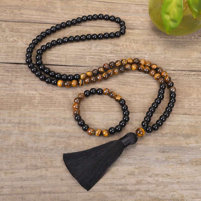 KarmaRipple's Tibetan Black Onyx Tiger Eye Protection Pendant Mala Set p1