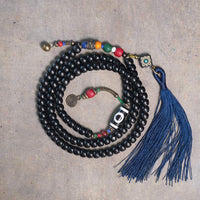 KarmaRipple's 108 Beadwork Mala Ebony Wood Dzi Bead Bronze Balance Tassel Bracelet