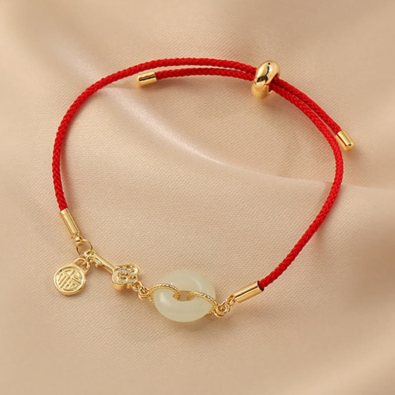 KarmaRipple's 18K Gold Plated Hetian Jade Peace Buckle Fu Character Fortune Red Rope Bracelet p6