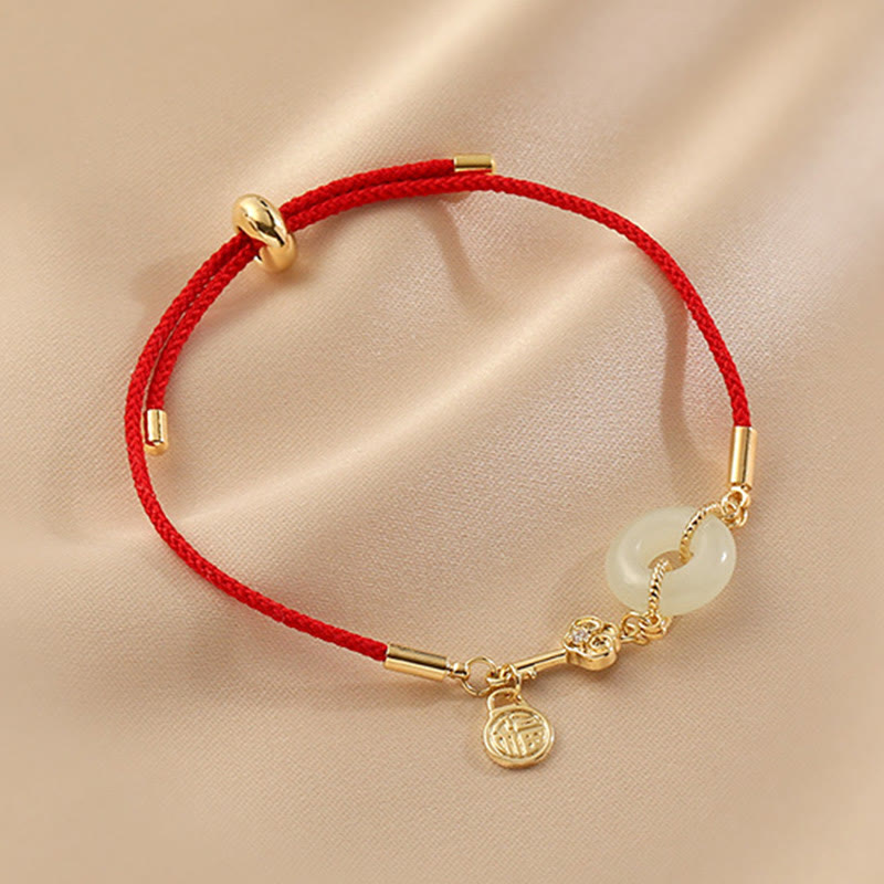 KarmaRipple's 18K Gold Plated Hetian Jade Peace Buckle Fu Character Fortune Red Rope Bracelet p3