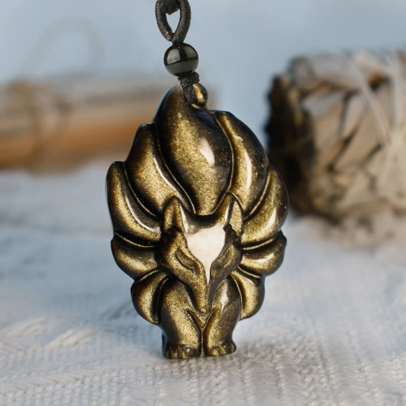 KarmaRipple's Authentic Fluorite Gold Sheen Obsidian Fox Necklace Protection Pendant p19