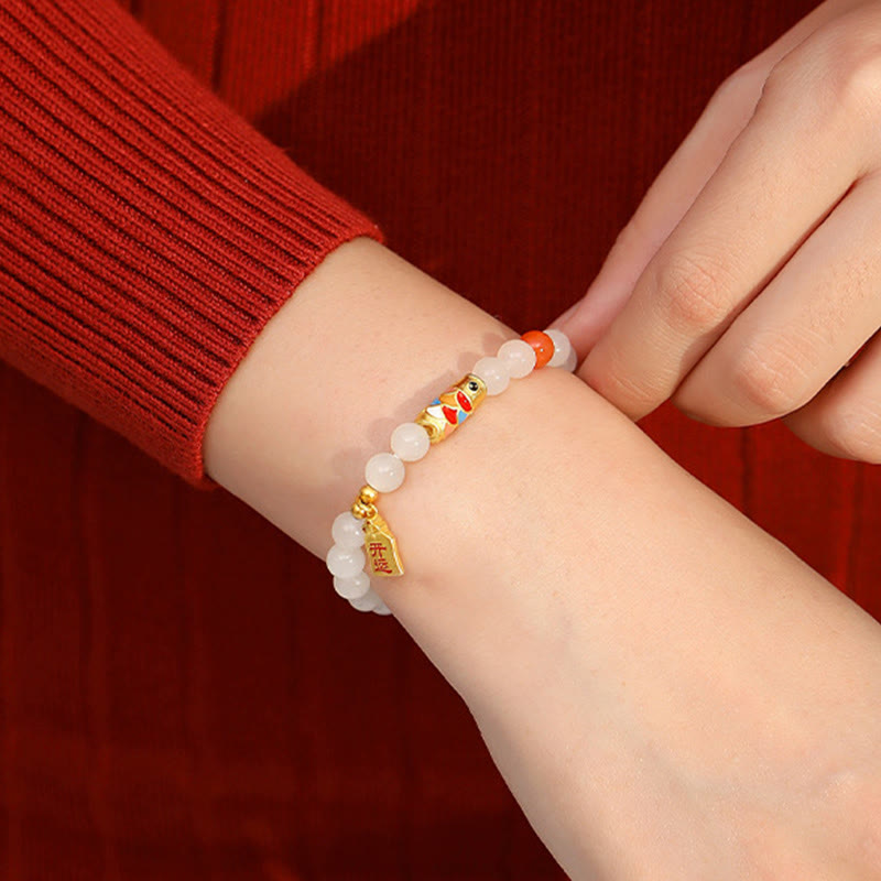 KarmaRipple's 925 Sterling Silver Hetian Ivory Jade Red Agate Koi Fish Fortune Happiness Bracelet p6