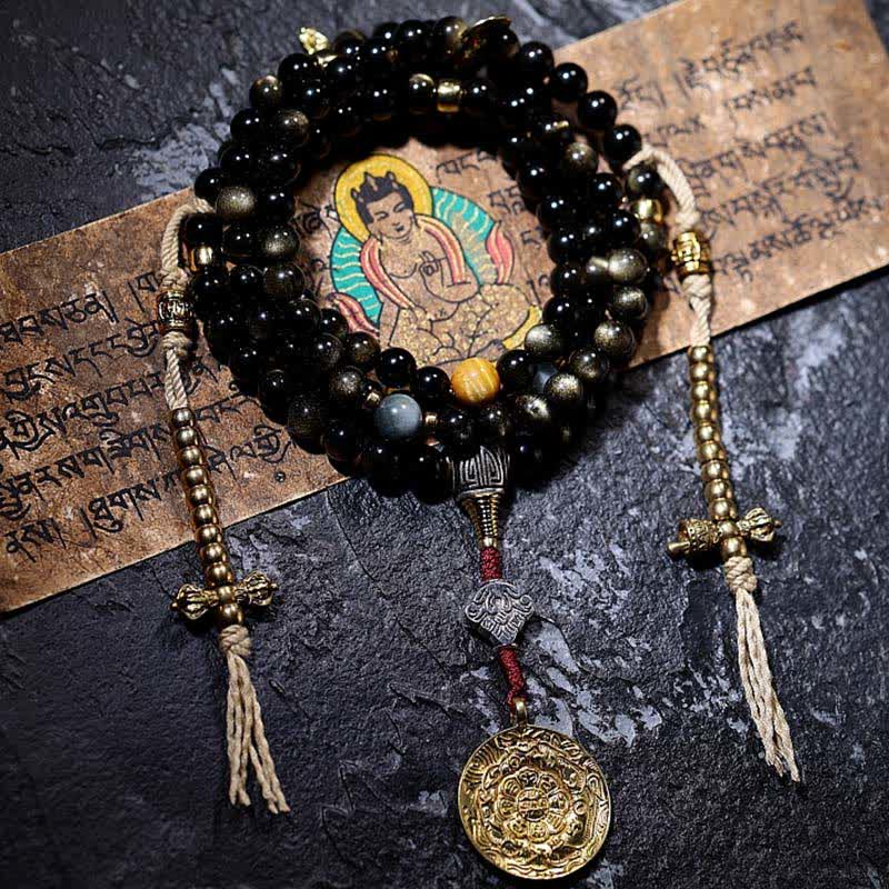 KarmaRipple's 108 Mala Beadwork Gold Sheen Obsidian Tiger Eye Eagle's Eye Stone Wealth Bracelet p27