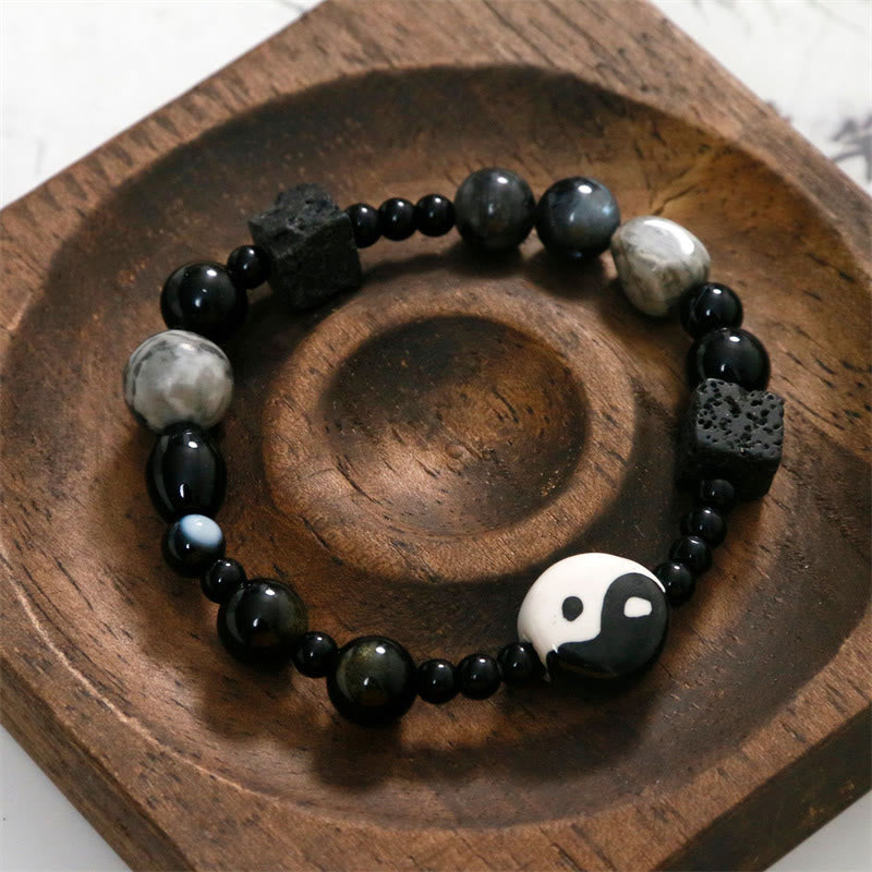 KarmaRipple's Black Onyx Picasso Jasper Bead Yin Yang Fortune Protection Bracelet p9