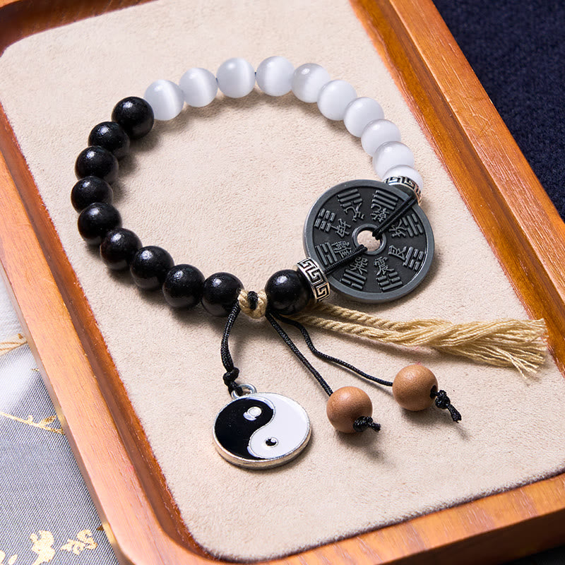 KarmaRipple's Cat's Eye Ebony Wood Yin Yang Bagua Coin Support Rope Bracelet p2