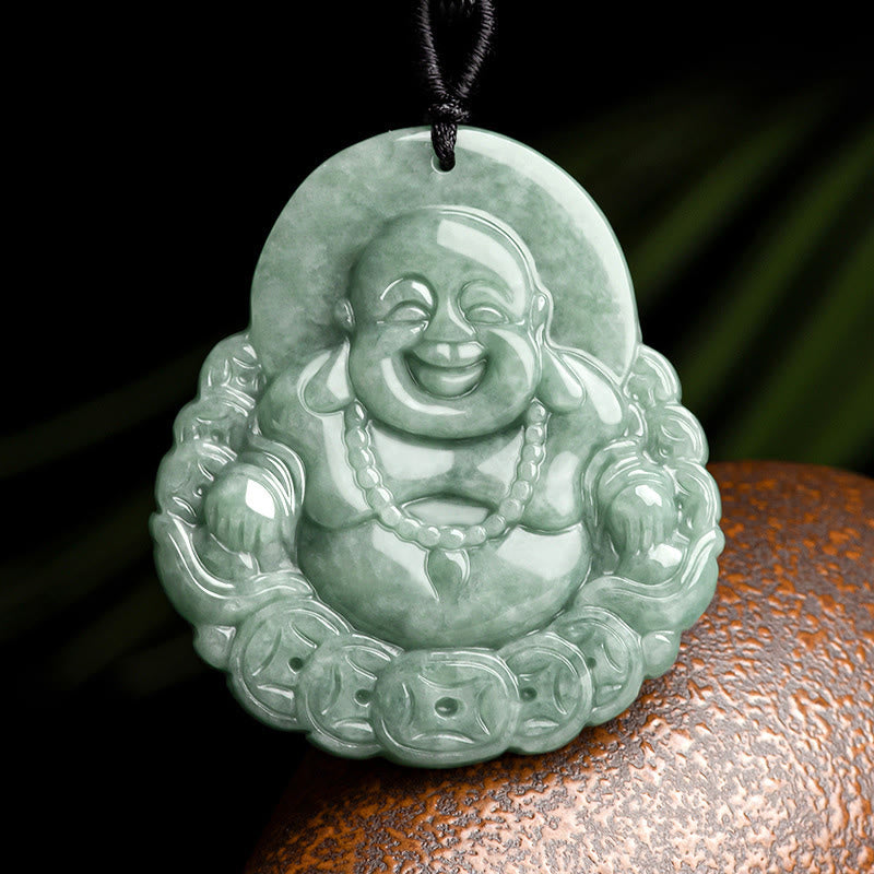 KarmaRipple's Laughing Buddha Authentic Jade Bronze Coin Abundance Pendant Necklace p1