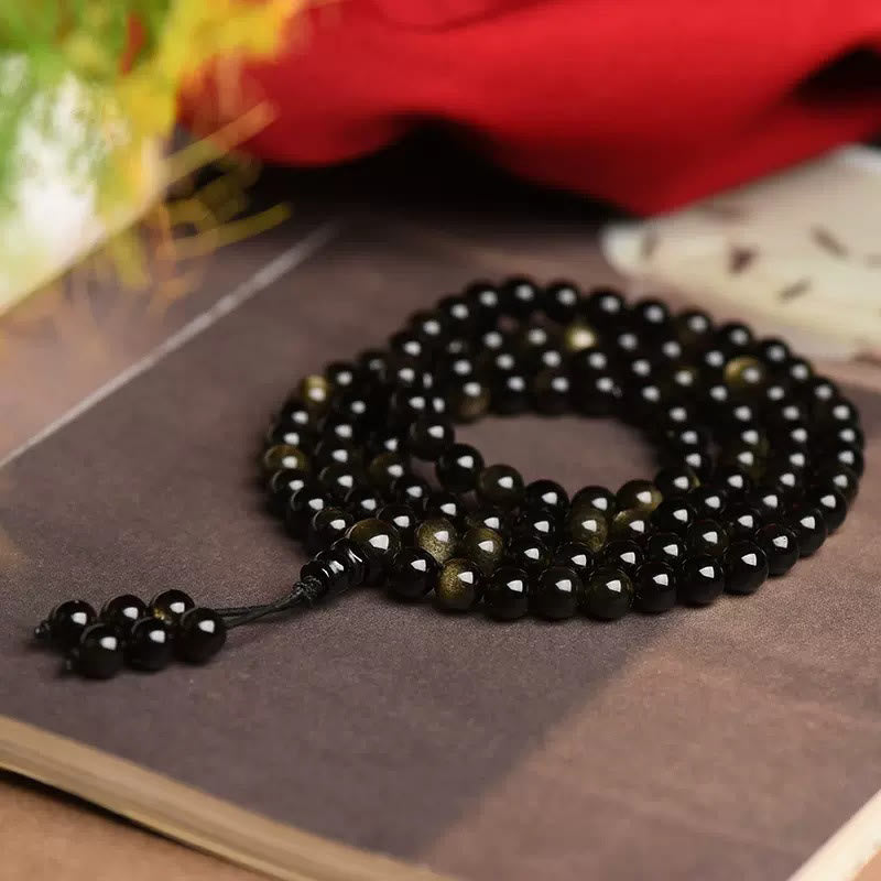 KarmaRipple's 108 Mala Beadwork Authentic Gold Sheen Obsidian Wealth Bracelet p3