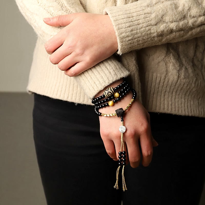 KarmaRipple's Tibetan 108 Mala Beadwork Black Onyx Three-eyed Dzi Beadwork Protection Bracelet p14