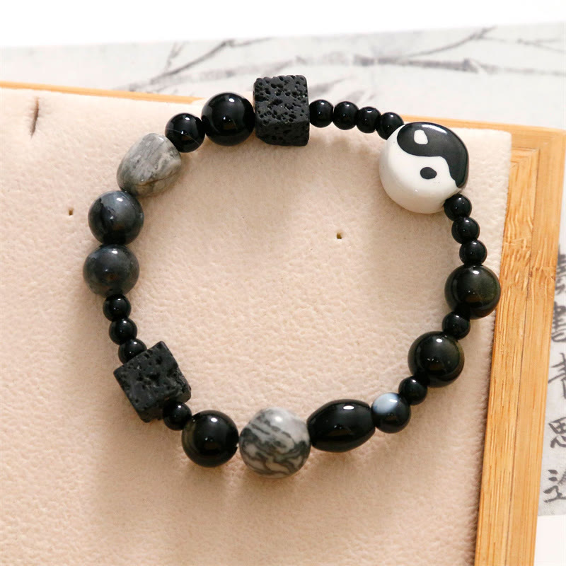 KarmaRipple's Black Onyx Picasso Jasper Bead Yin Yang Fortune Protection Bracelet p13