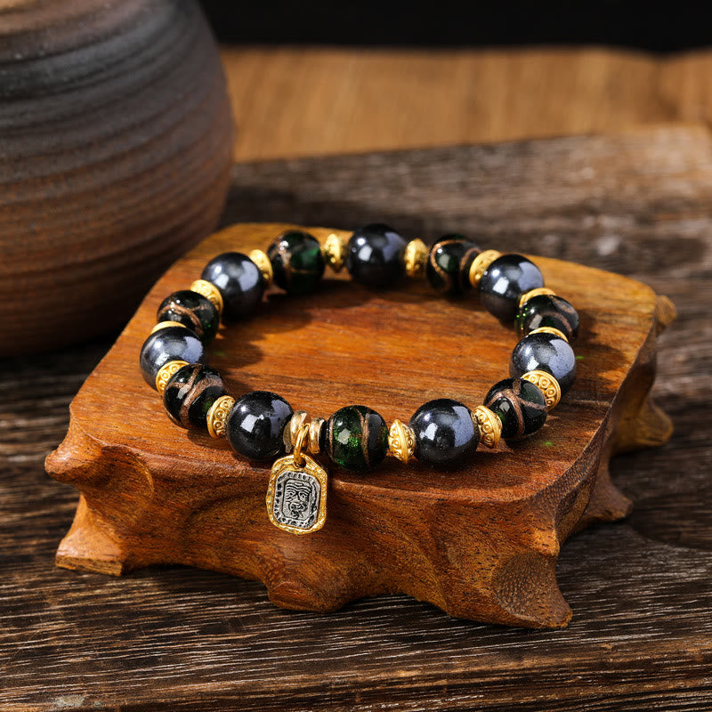 KarmaRipple's Tibetan Zakiram Goddess of Wealth Liuli Glass Incense Ash Porcelain Bead Fortune Bracelet p6