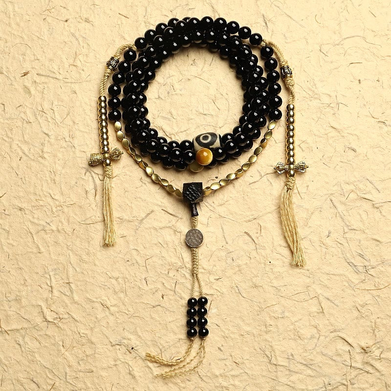 KarmaRipple's Tibetan 108 Mala Beadwork Black Onyx Three-eyed Dzi Beadwork Protection Bracelet p24