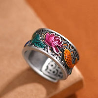 KarmaRipple's Bronze Blue Enamel Lotus Heart Sutra Koi Fish Fortune Ring