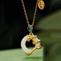 KarmaRipple's Year Of The Dragon 925 Sterling Silver Hetian Ivory Jade Peace Buckle Auspicious Clouds Success Pendant Necklace