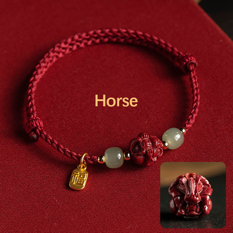 KarmaRipple's Authentic Cinnabar Chinese Zodiac Hetian Jade Fu Character Fortune Rope Bracelet p7