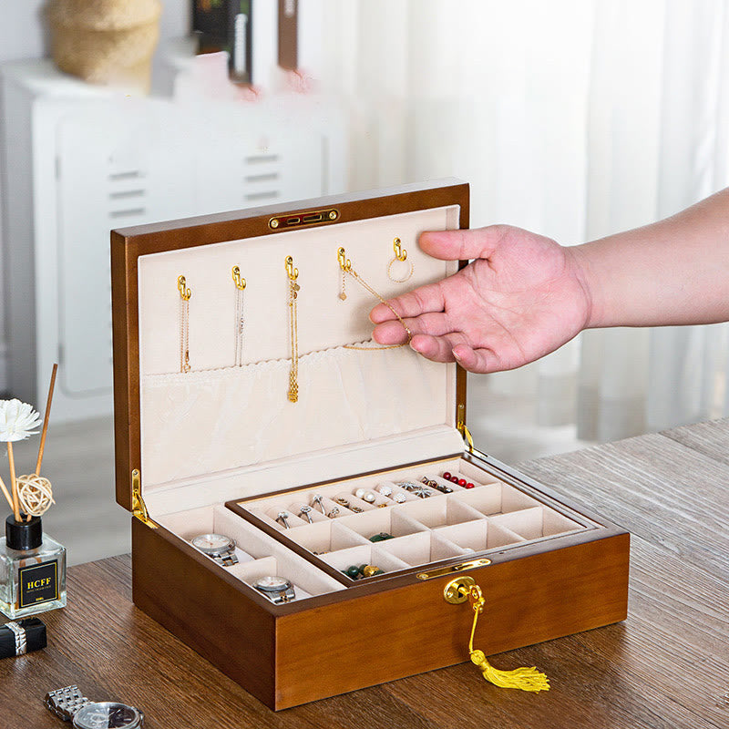 KarmaRipple's Vintage Wooden Jewelry Box Two-Layer Solid Wood Jewelry Storage Box p32