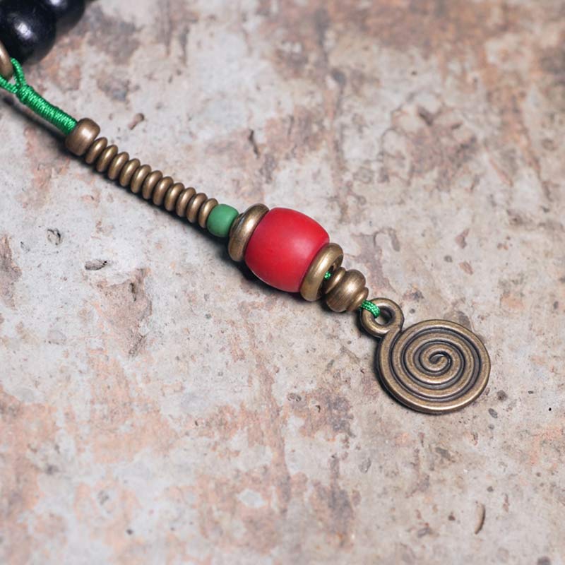 KarmaRipple's 108 Beadwork Mala Ebony Wood Dzi Bead Bronze Balance Tassel Bracelet p12