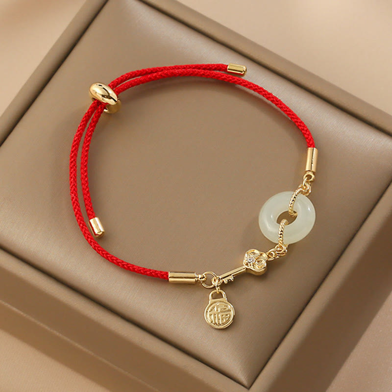 KarmaRipple's 18K Gold Plated Hetian Jade Peace Buckle Fu Character Fortune Red Rope Bracelet p2