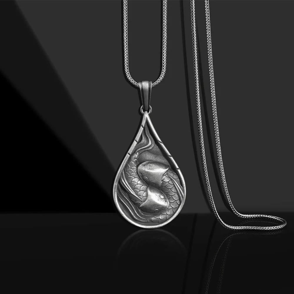 KarmaRipple's Double Fortunate Koi Fish Prosperity Pure Tin Water Drop Pattern Pendant Necklace p1